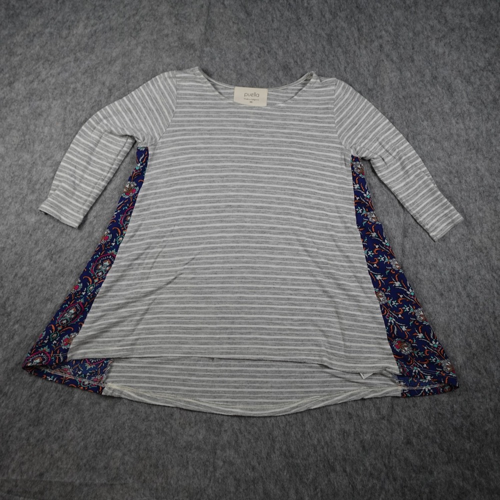 Puella Top Womens Extra Small Gray Striped Paisley Mixed Media Tunic Blouse